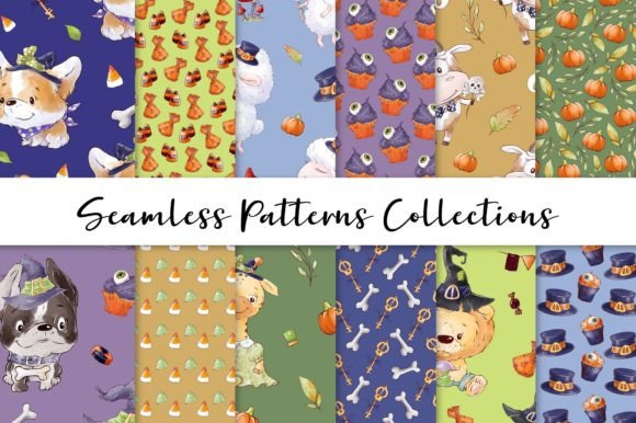 Cute Halloween Animals. Set of Patterns