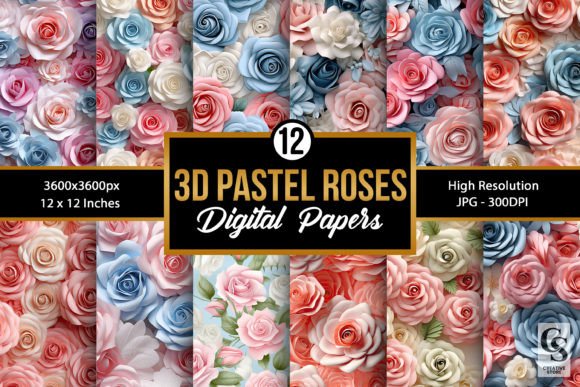 Pastel 3D Roses Digital Paper Patterns